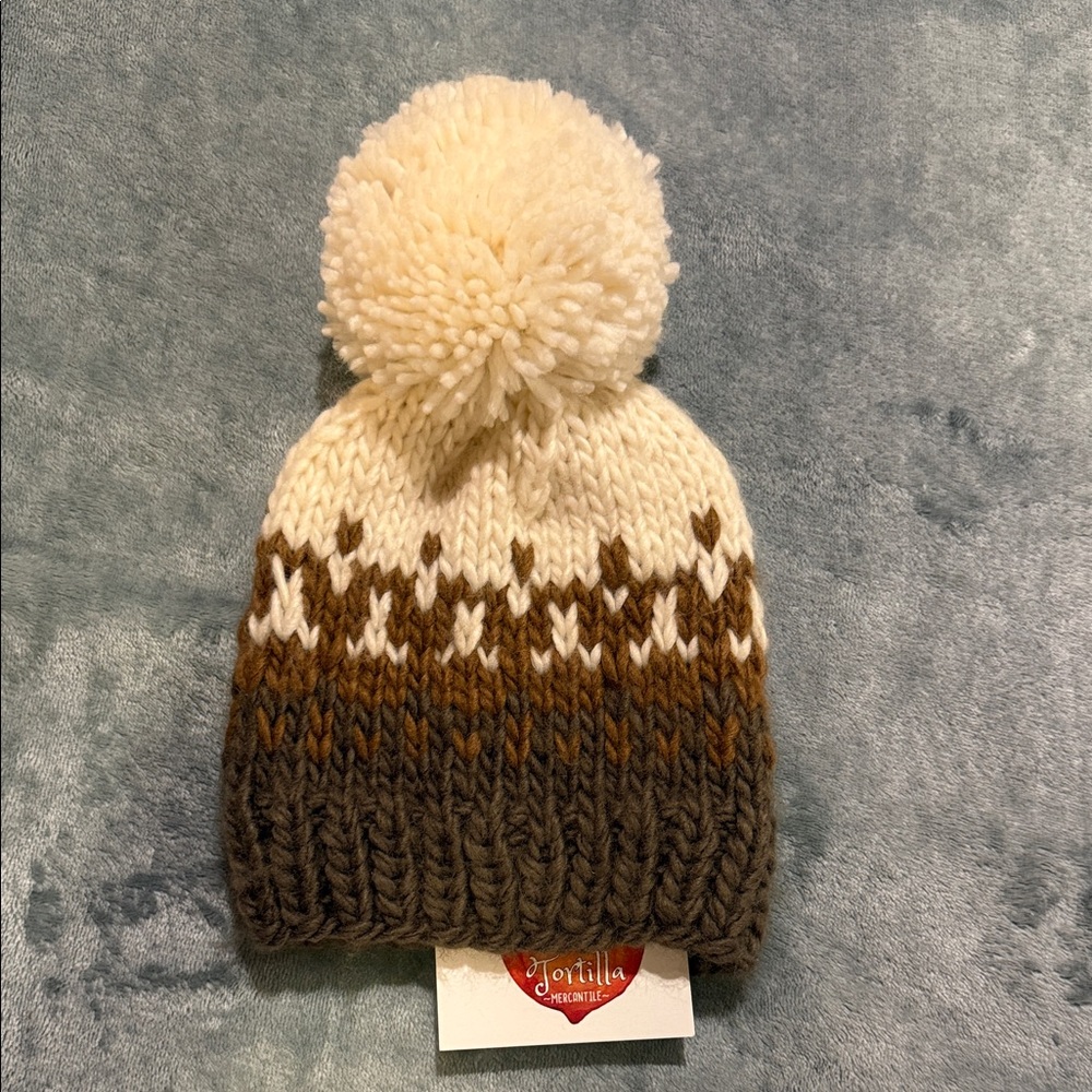 Kids Pom Pom Knit Beanie in Cream, Brown & Tan